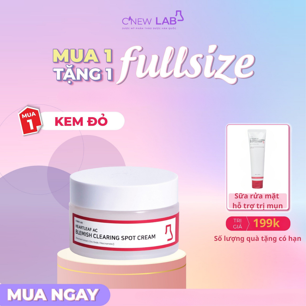 Kem Dưỡng Da Ngừa Mụn Heartleaf Ac Blemish Clearing Spot Cream C'NEW LAB Giúp Da Mịn Màng, Tươi Sáng 30Ml - Màu Đỏ