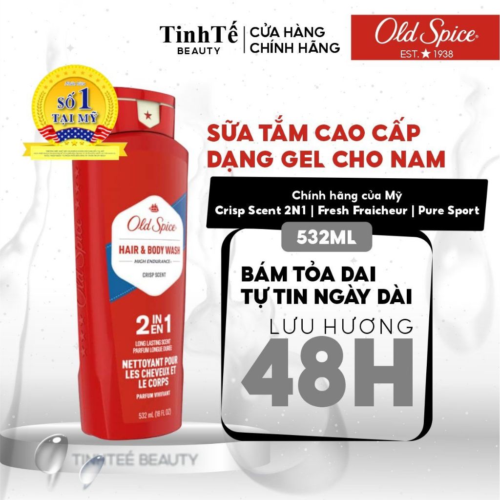Sữa tắm cao cấp dạng Gel cho nam Old Spice 532ml chính hãng của Mỹ Crisp Scent 2N1 | Fresh Fraicheur | Pure Sport