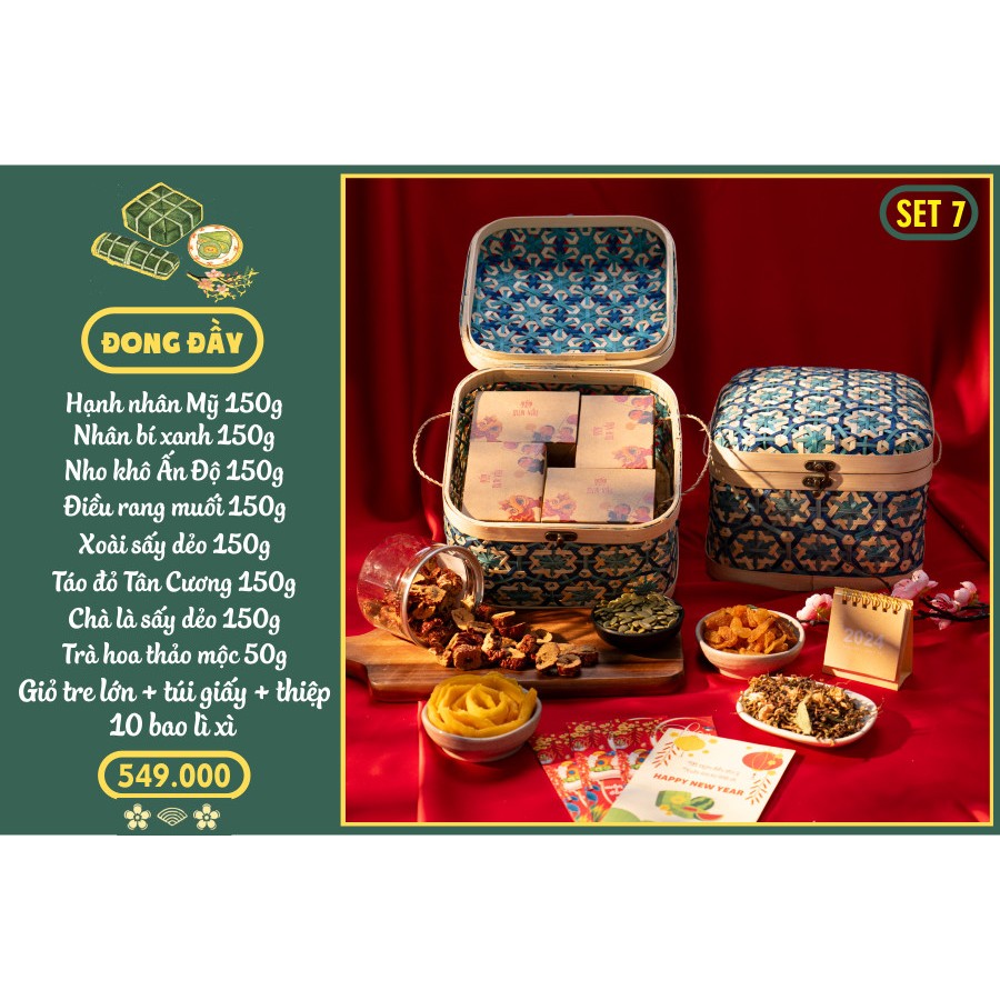 SET QUÀ TẾT 2024 - SET 7 8 MÓN 1994food - Bí xanh, Hạnh nhân, Nho khô, Điều, Xoài, Táo đỏ, Chà là,Trà/ SỈ CHIẾT KHẤU TỐT