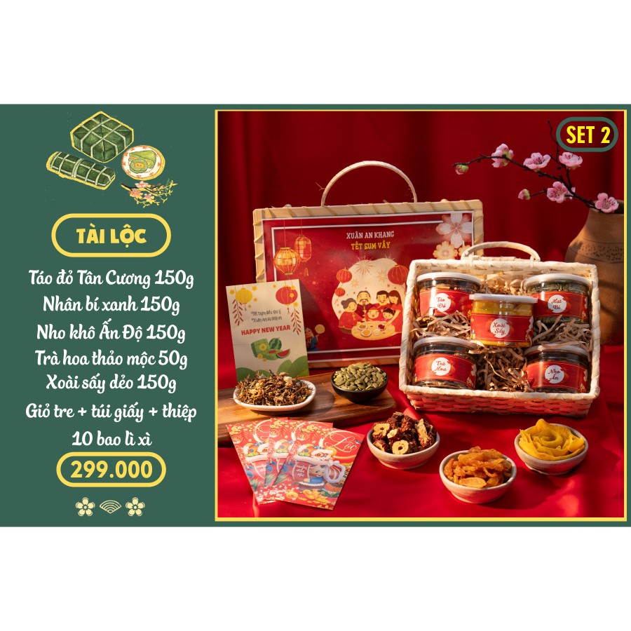 SET QUÀ TẾT 2024 - SET 2 TÀI LỘC 5 MÓN 1994food - Xoài, Táo đỏ, Bí xanh, Nho khô, Trà hoa /SỈ TOÀN QUỐC CHIẾT KHẤU TỐT