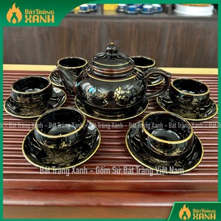 Bộ ấm chén men đen bóng vinh hoa phú quý - bộ bình trà bát tràng đẳng cấp - bộ ấm trà vinh hoa phú quý