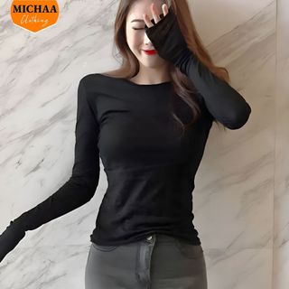 Áo tay dài cổ tròn dáng dài, áo thun chất gân michaa add09