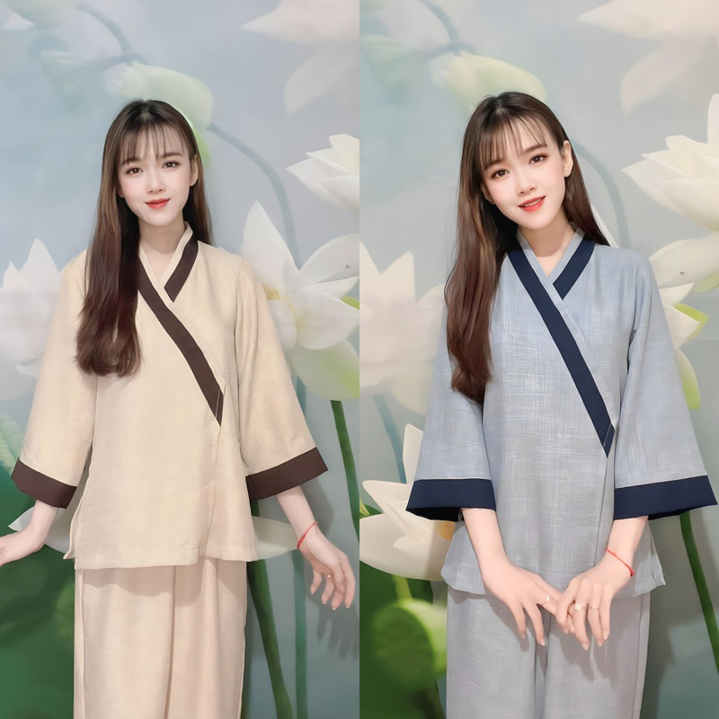 Mẫu Đồ Lam Đi Chùa Nữ Thiền An Nhiên Chất Vải Đũi Vân Mây