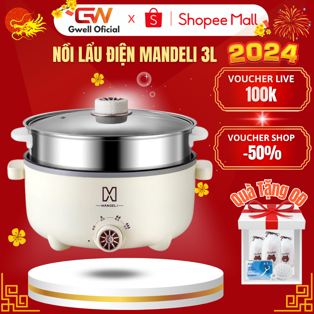 Nồi Lẩu Điện Đa Năng 2 Tầng GWELL MANDELI Kèm Giá Hấp 28 cm Tráng Men Chống Dính Công Suất 1000W