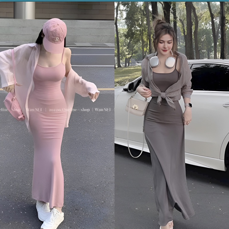 Đầm Body 2 Dây Dáng Dài Đuôi cá Kèm khoác ngoài Lụa tơ(Hàng sẳn 4 màu)