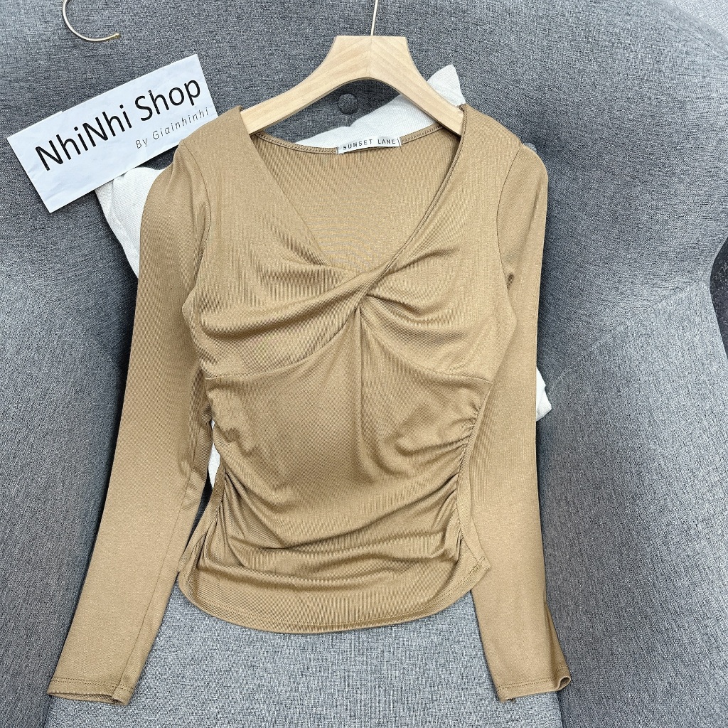 Áo kiểu body xoắn ngực tôn dáng sexxy, Áo thun dáng ôm dài tay AT7467 - NhiNhi Shop