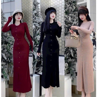 Đầm Body Len Tăm Midi Tay dài  Phối cúc Áo 3 màu như ảnh