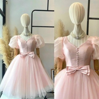 Đầm váy nữ tapta phối lưới 2 lớp xòe có lót cổ tim đính nút kèm nơ bụng tay phồng xinh xắn