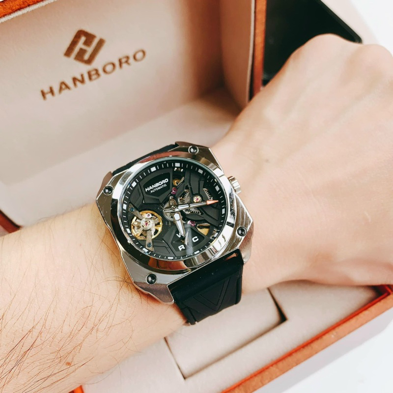 Đồng hồ nam Hanboro chính hãng mặt vuông kim chỉ phủ dạ quang 42mm