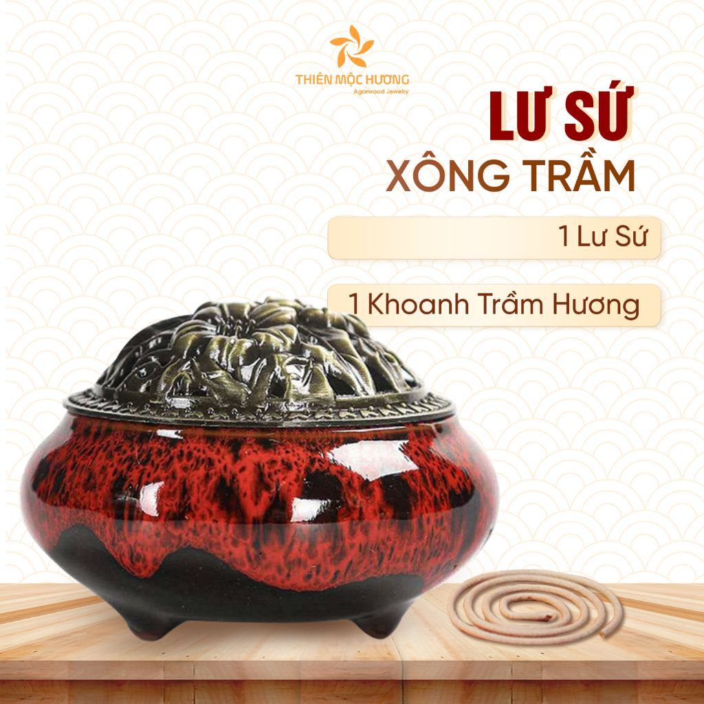 Lư Sứ Xông Trầm Hương - Tặng 1  khoanh nhang Trầm Hương - Thiên Mộc Hương - Nắp đồng hoa văn, sứ cao cấp