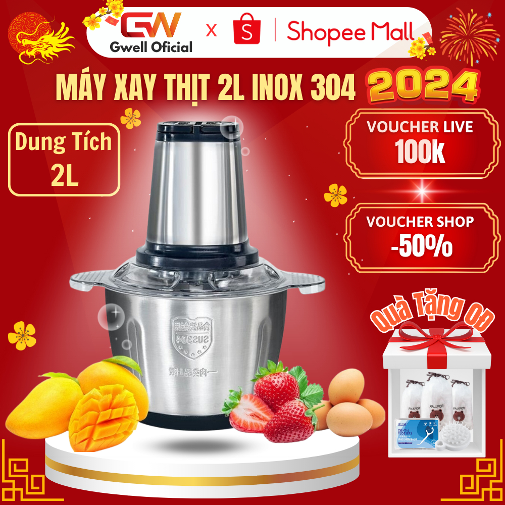 Máy Xay Thịt GWELL Đa Năng Cối INOX 304 2L Công Suất 250W, 4 Lưỡi, Cối xay thực phẩm Đa Năng