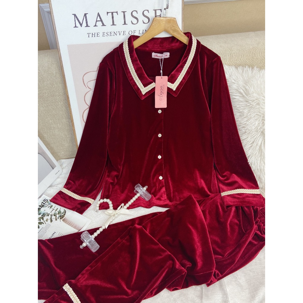 Bộ Đồ nhung the pijama nữ Anna cao cấp, set đồ ngủ cổ sen phối viền, kiểu dài tay quần dài, chất mềm, dày dặn