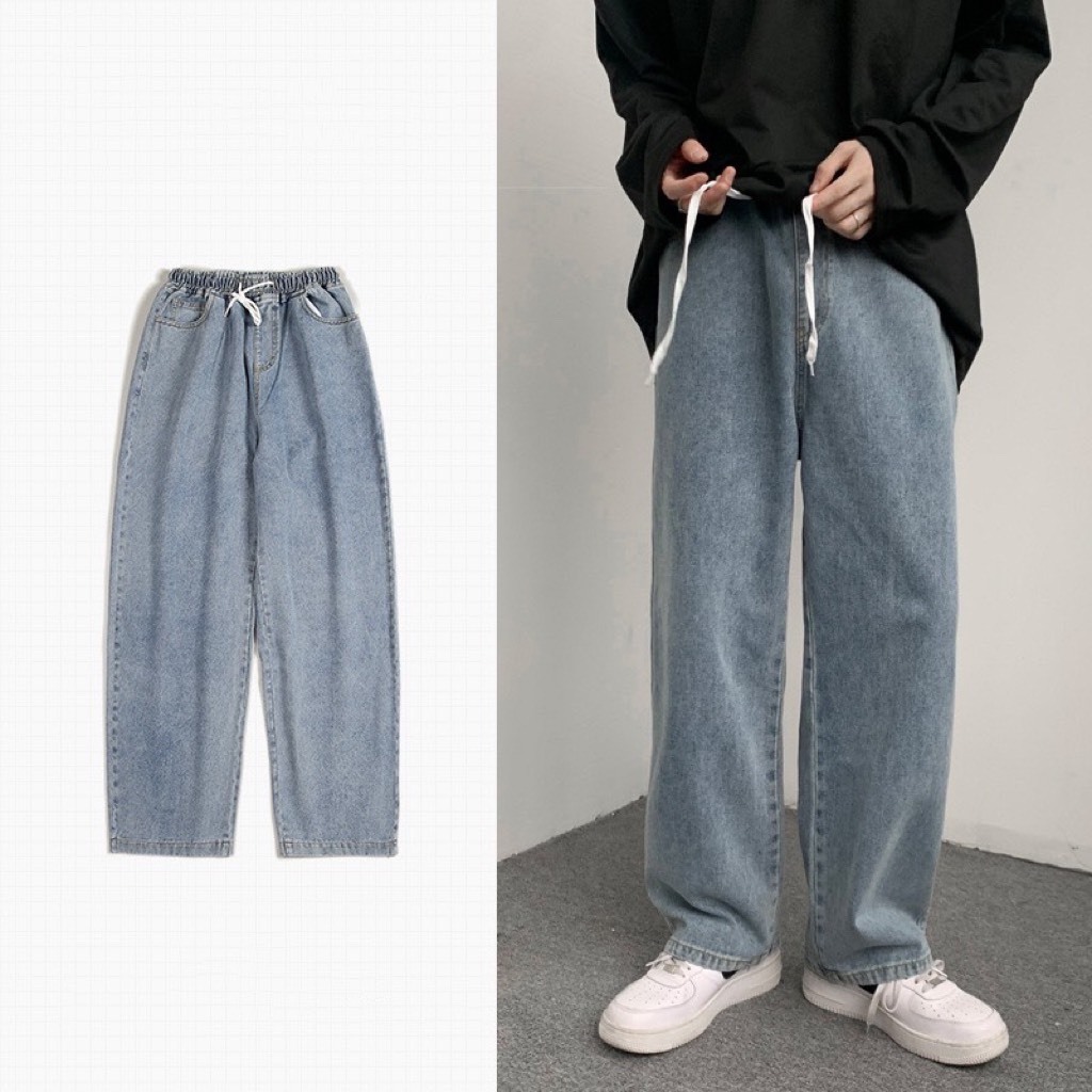Quần jeans unisex ống rộng cạp chun thoải mái, phong cách teen, màu xanh đậm, basic/Quanjeannam_P10K6