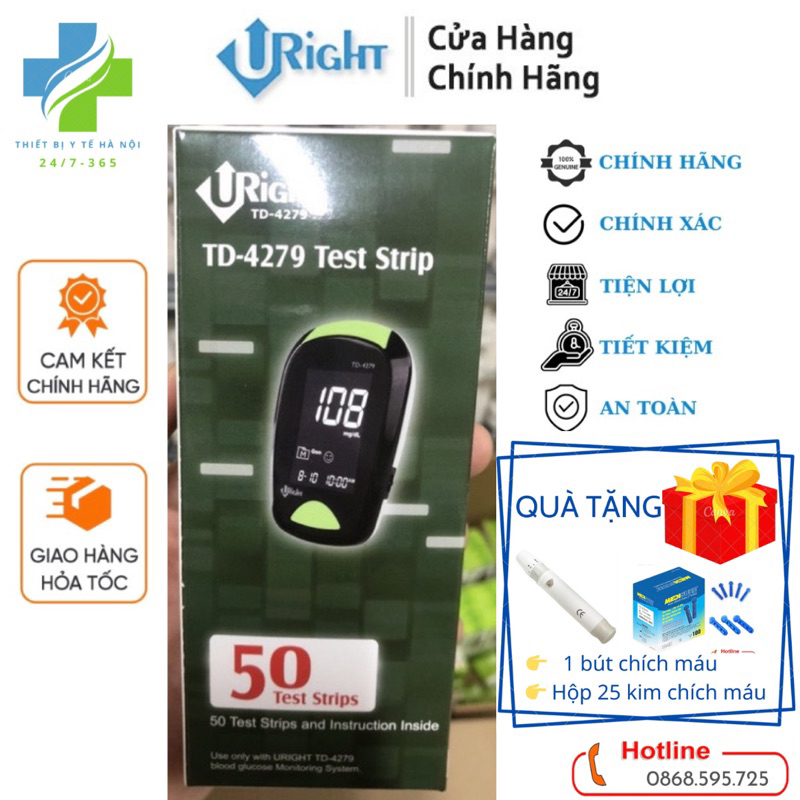Que thử đường huyết URight -TD-4279 ( Hộp 50 que ) + ( Tặng kèm 25 kim chích máu + 1 bút chích máu)