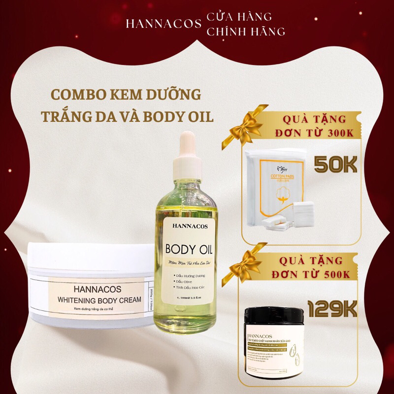 COMBO Kem dưỡng trắng da toàn thân và Body Oil 2% BHA Hannacos
