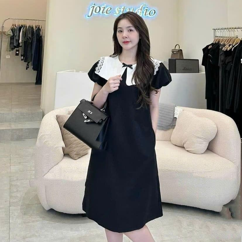 Váy bầu công sở cổ vuông thanh lịch đầm bầu đi làm dáng suông tay bồng