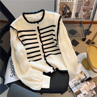 Áo len ghile kẻ sọc ngang phối tay bồng tiểu thư, áo khoác cardigan len gile nữ cadigan hàng Quảng Châu hottrend SP76