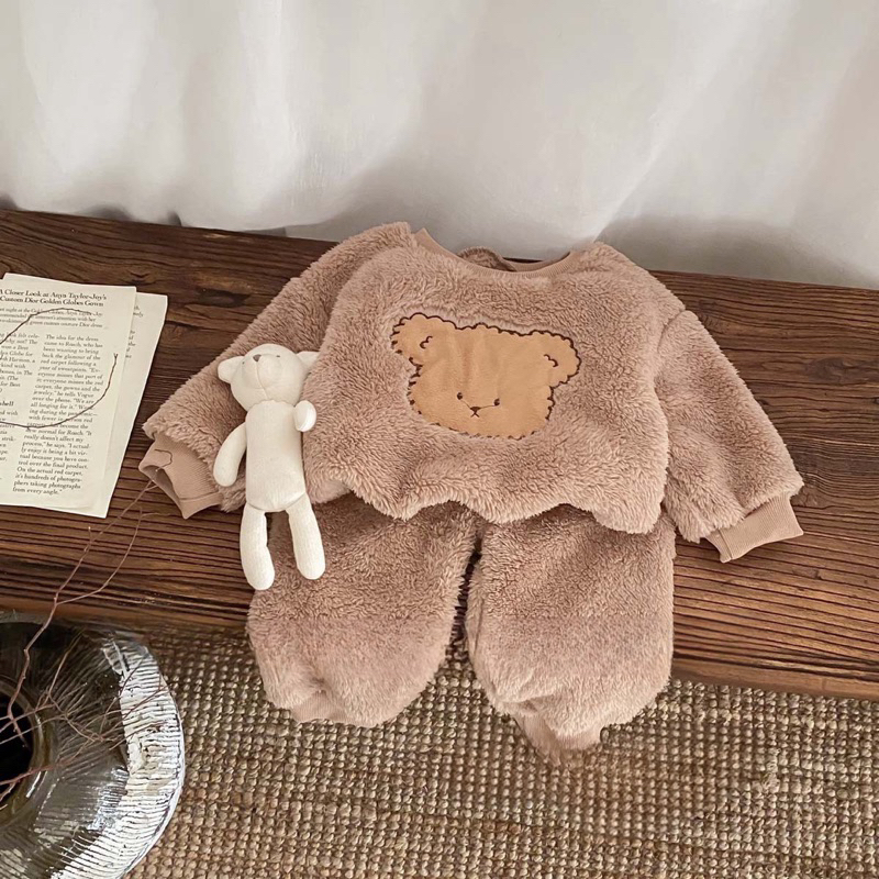 Quần áo thu đông cho bé, set 3ct: bộ quần áo lông cừu 2 mặt kèm mũ siêu dễ thương cho bé trai và bé gái