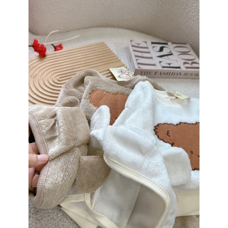 Quần áo thu đông cho bé, set 3ct: bộ quần áo lông cừu 2 mặt kèm mũ siêu dễ thương cho bé trai và bé gái
