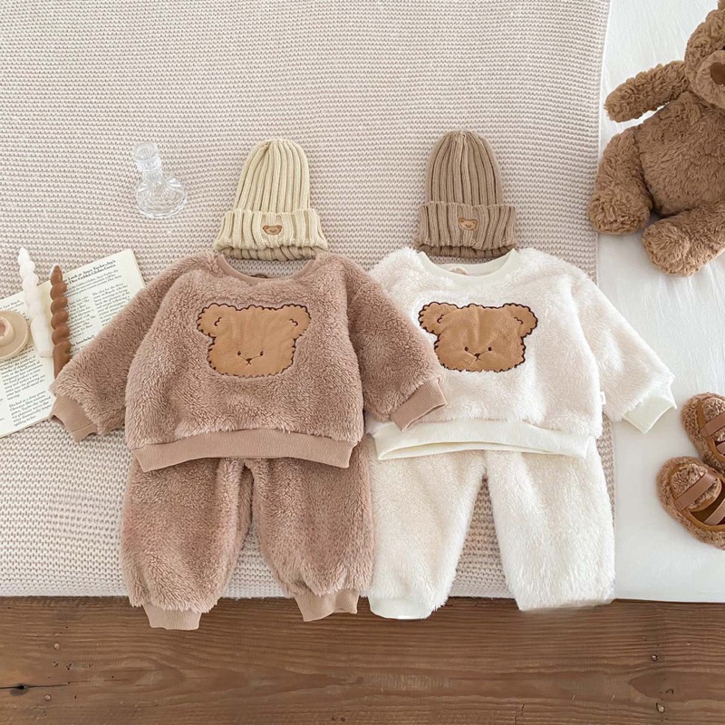 Quần áo thu đông cho bé, set 3ct: bộ quần áo lông cừu 2 mặt kèm mũ siêu dễ thương cho bé trai và bé gái
