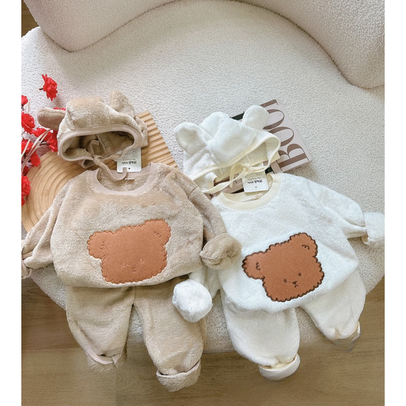 Quần áo thu đông cho bé, set 3ct: bộ quần áo lông cừu 2 mặt kèm mũ siêu dễ thương cho bé trai và bé gái