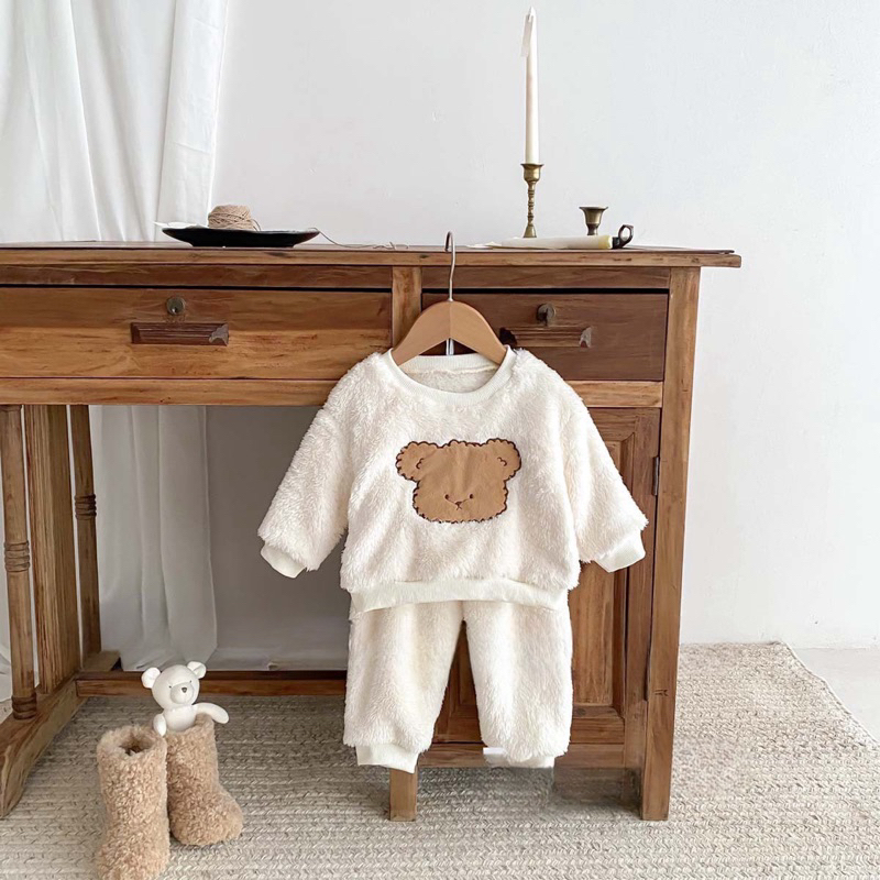 Quần áo thu đông cho bé, set 3ct: bộ quần áo lông cừu 2 mặt kèm mũ siêu dễ thương cho bé trai và bé gái