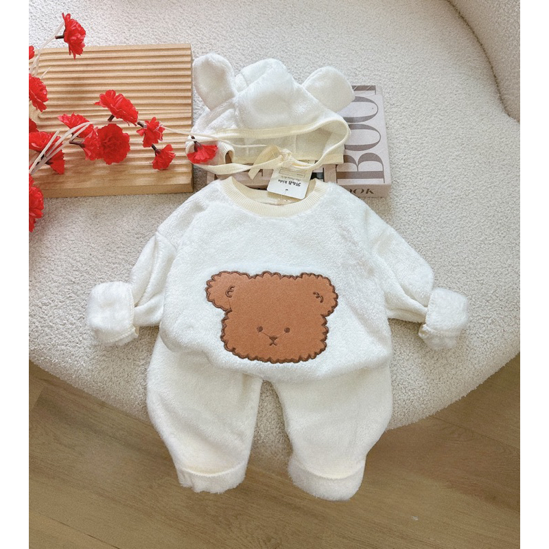 Quần áo thu đông cho bé, set 3ct: bộ quần áo lông cừu 2 mặt kèm mũ siêu dễ thương cho bé trai và bé gái