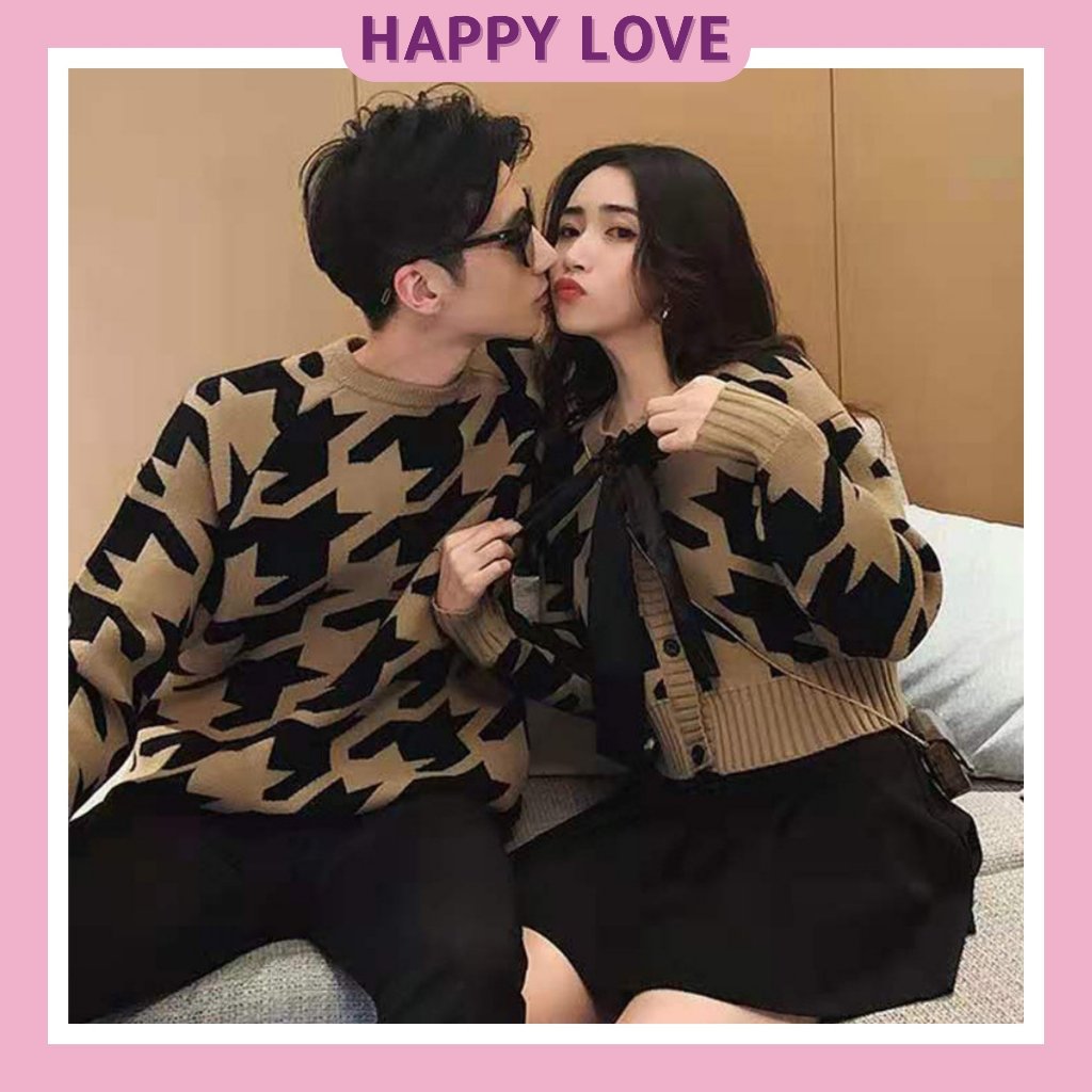 Áo len đôi nam nữ dáng ngắn croptop hàn quốc thu đông HAPPYLOVE màu nâu hoạ tiết ziczac tặng kèm nơ 