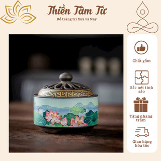Lư xông trầm họa tiết hoa sen,lư gốm phong cảnh xông trầm,lư đốt trầm gốm tặng đế hồ lô và miếng lót