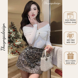 Áo trễ vai nhún ngực dài tay sang chảnh