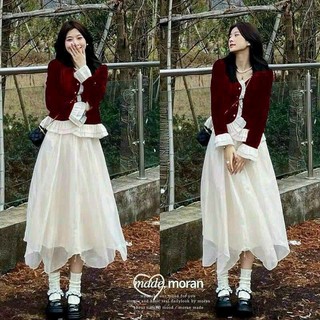 Set Đồ Nữ Chất Nhung Cứng Phối Bèo Voan Cài Cúc Mix Chân Váy Dáng Xoè Dài Có Lót