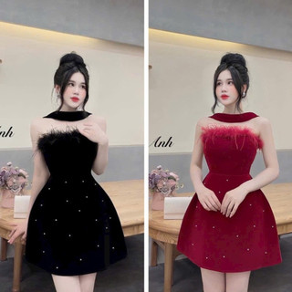 Váy Đầm Dự Tiệc Nữ, kiểu váy cúp ngực, phối lông sang chảnh