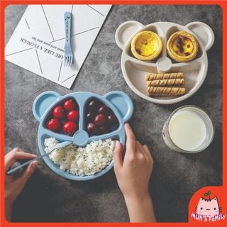 Khay ăn dặm lúa mạch hình gấu kèm thìa dĩa cho bé