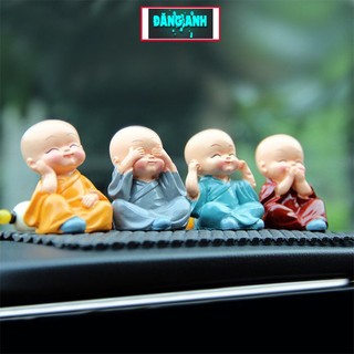 Bộ Tượng Chú Tiểu Hòa Thượng Tứ Không - Phật Phong Thủy Mini 4 Tư Thế, Trang Trí Xe Hơi, Để Bàn
