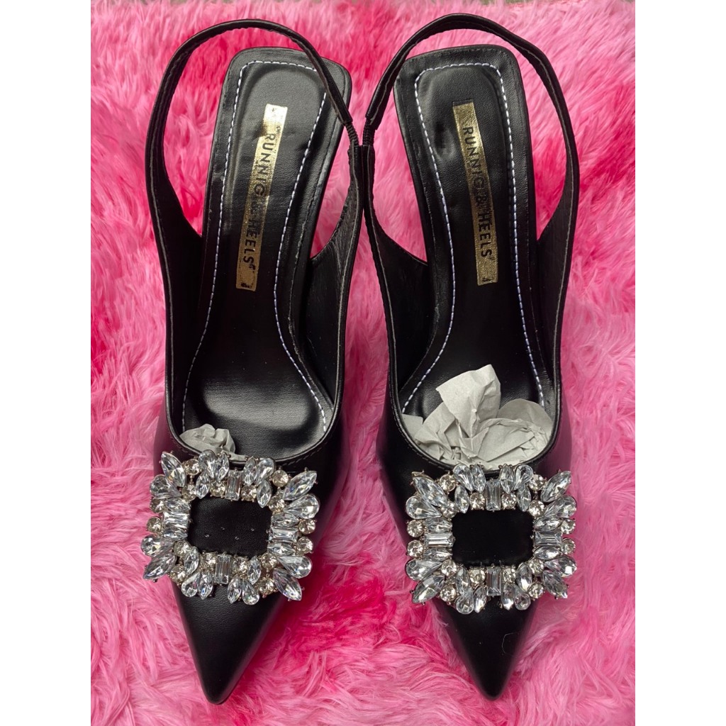 Giày Cao Gót Nữ Mũi Nhọn Đính Khóa Đá Vuông, Gót Nhọn 7cm Tôn Dáng Sang Chảnh