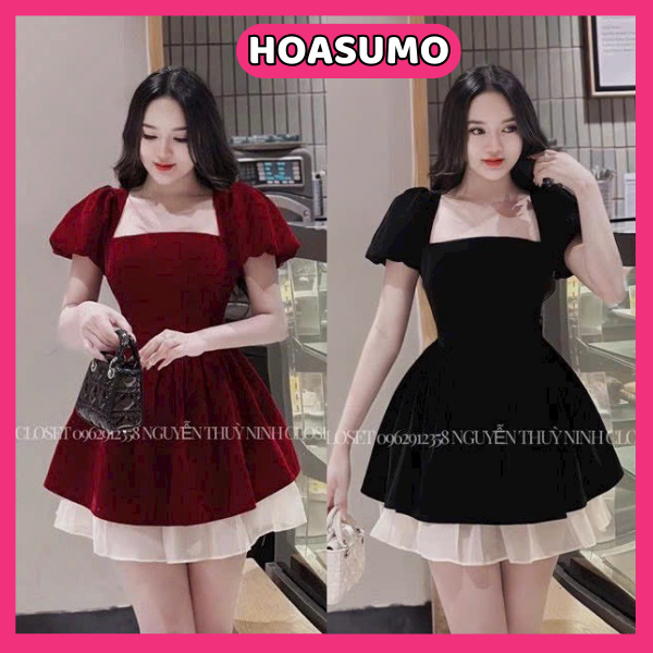 Đầm váy nữ nhung tay phồng trơn xòe chữ A phối voan tơ dâp ly xinh xắn với 2 tone màu sang chảnh HV720 HOASUMO