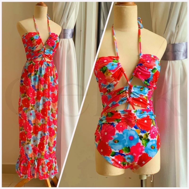 Bikini liền thân cột dây kèm chân váy von cùng họa tiết BKN055 | BigBuy360 - bigbuy360.vn