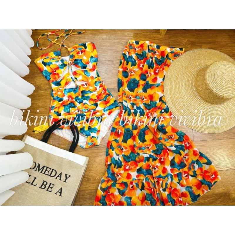 Bikini liền thân cột dây kèm chân váy von cùng họa tiết BKN055 | BigBuy360 - bigbuy360.vn