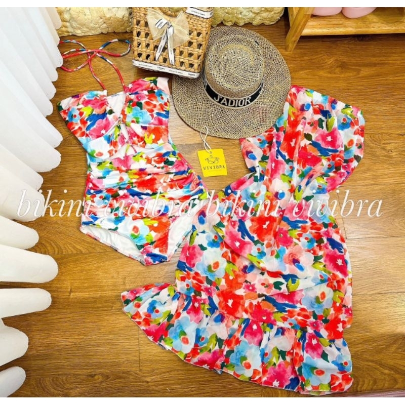 Bikini liền thân cột dây kèm chân váy von cùng họa tiết BKN055 | BigBuy360 - bigbuy360.vn