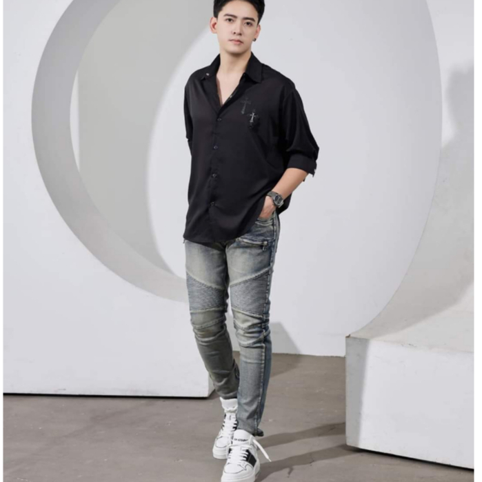 Quần Jean BATMAN Nam Xanh Bụi Phối Đùi Vải Nhăn Khoá Zip Quần Bò Nam Đùi Nhăn Phối Khóa Ngang