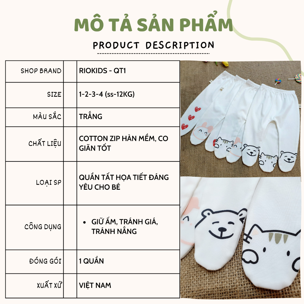 QT1 Quần tất vớ trùm chân cho bé gái sơ sinh hoạ tiết đáng yêu
