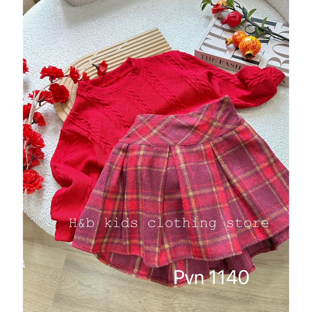 Set len đỏ cv dạ xòe 1 màu bé gái