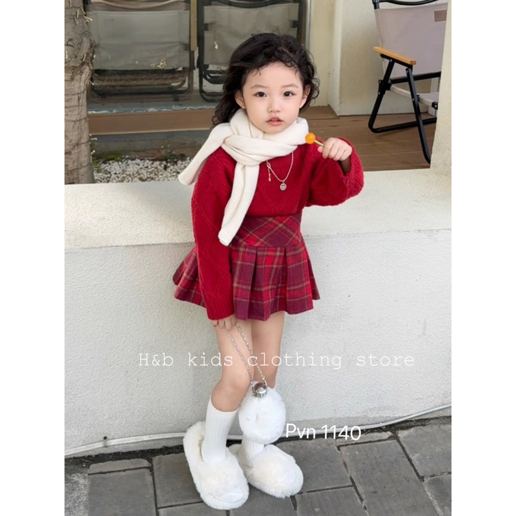 Set len đỏ cv dạ xòe 1 màu bé gái