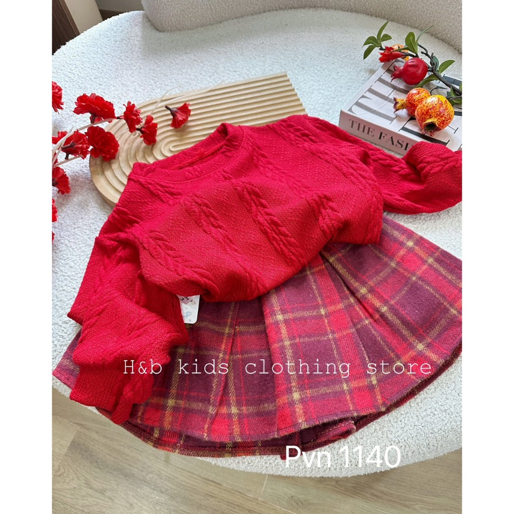 Set len đỏ cv dạ xòe 1 màu bé gái