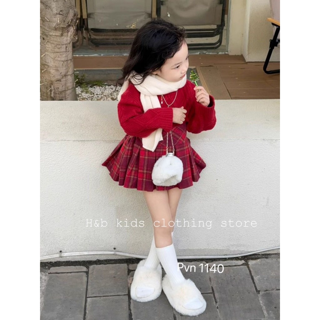 Set len đỏ cv dạ xòe 1 màu bé gái