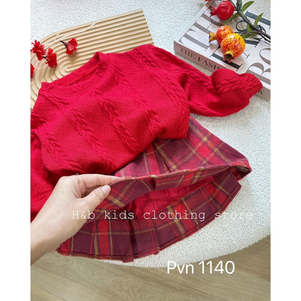 Set len đỏ cv dạ xòe 1 màu bé gái