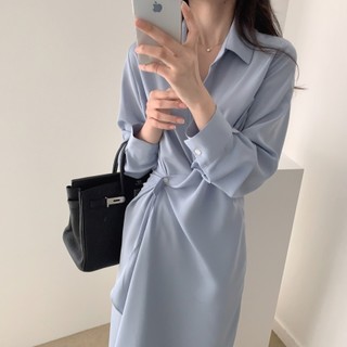 Đầm cổ sơ mi tay dài nút lệch eo vạt xéo thanh lịch sang trọng