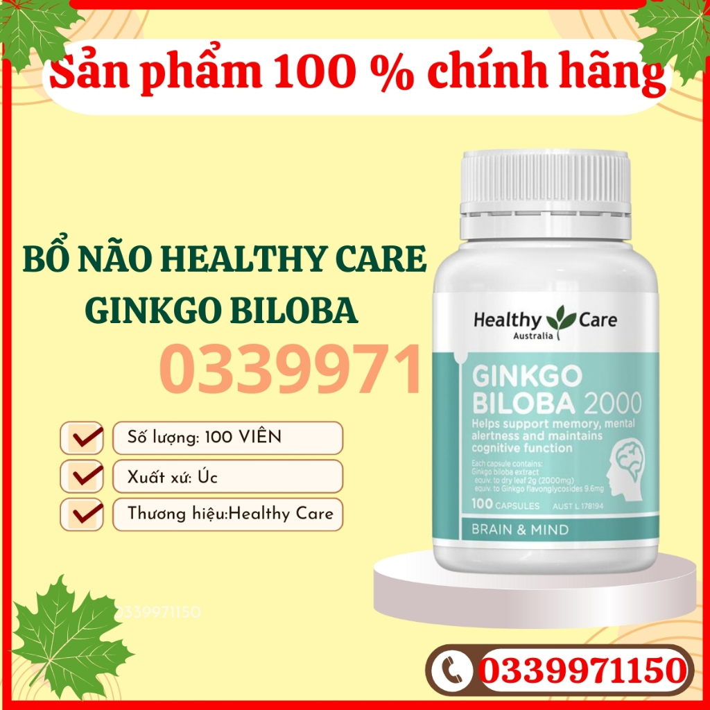 Thuốc bổ não,viên uống bổ não 2000 ginkgo biloba Healthy Care tăng cường