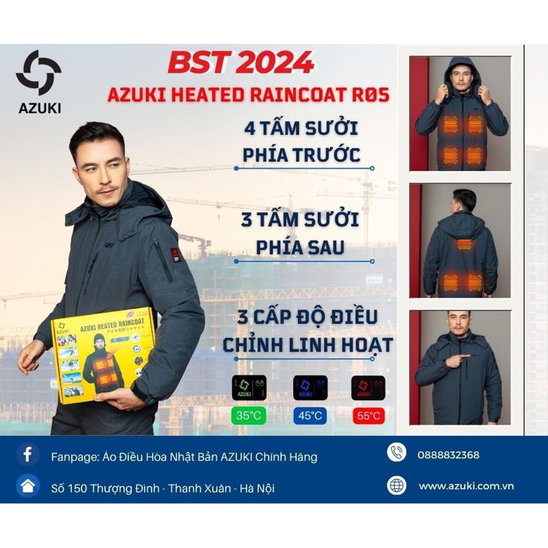 Áo Sưởi Ấm Azuki Raincoat R05 Chống Mưa Siêu Tốt, Pin 24000mah Chạy 10 Đến 15 Tiếng, Mới Nhất 2023, Bảo Hành 12 Tháng