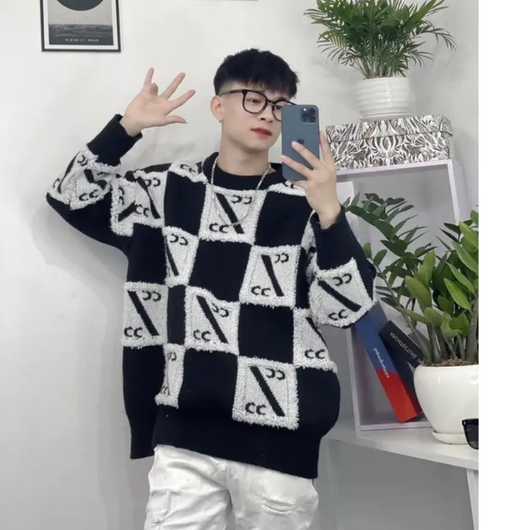 Áo Len Cờ Caro Cổ Bo Tròn Chất Len Hàng Quảng Châu Cực Nét-Áo Len Chữ CC Hàng Đẹp Phong Cách Boy Phố